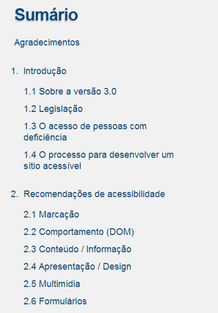 Exemplo de sumário com links para as partes do conteúdo
