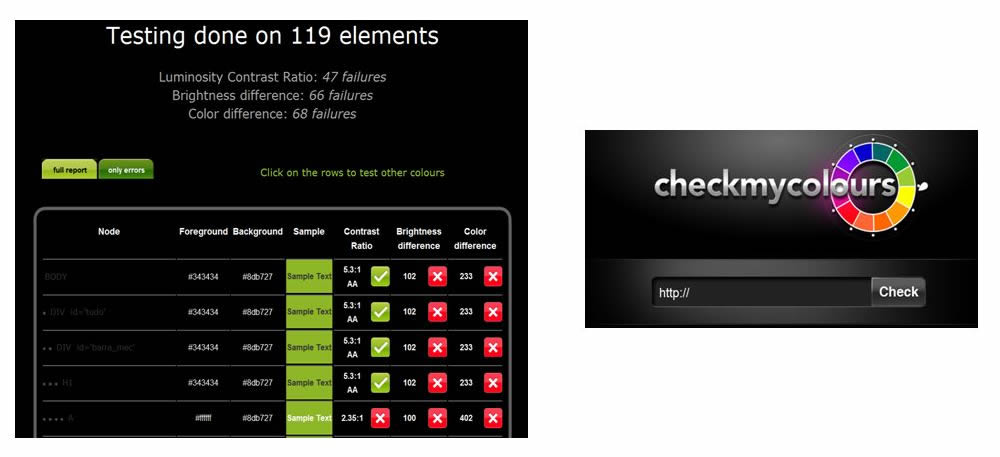 Página de resultados do Checkmycolours / Página inicial do Checkmycolours