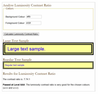 Página de resultados do Luminosity Colour Contrast Ratio Analyser