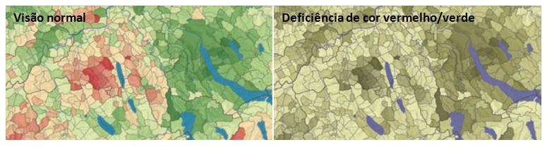 Representação de como uma pessoa com visão normal e uma pessoa com daltonismo encherga a imagem com conbinações de cores verde e vermelho