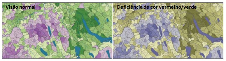 Representação de como uma pessoa com visão normal e uma pessoa com daltonismo encherga a imagem com conbinações de cores verde e lilás