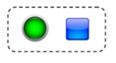 Caixa contendo dois botões: um redondo e verde do lado esquerdo e um quadrado e azul do lado direito