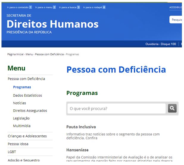 Página da Secretaria de Direitos Humanos, apresentando no conteúdo o título Pessoa com Deficiência e, logo abaixo, o subtítulo Programas e a lista de programas desta seção