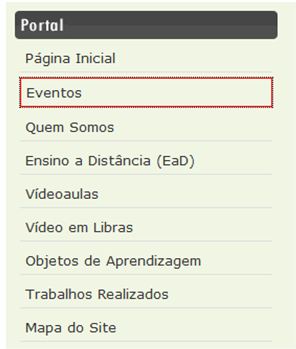 Itens de menu com o link Eventos sendo focalizado com uma borda vermelha