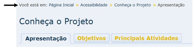 Página conheça o projeto contendo no seu topo o caminho da localização da página no site 