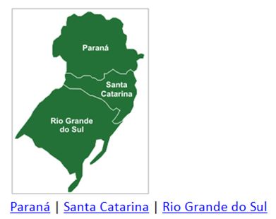 Imagem apresentando uma mapa do sul do Brasil, com separação entre os estados do Paraná, Santa Catarina e Rio Grande do Sul