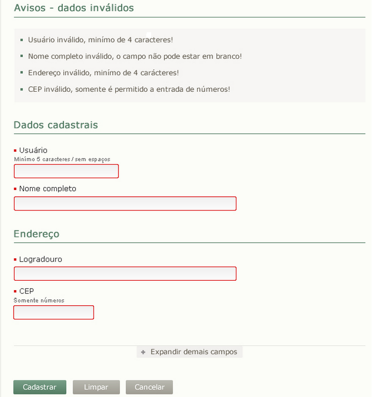 retorno com a lista de avisos e campos de formulário que apresentaram erro de preenchimento