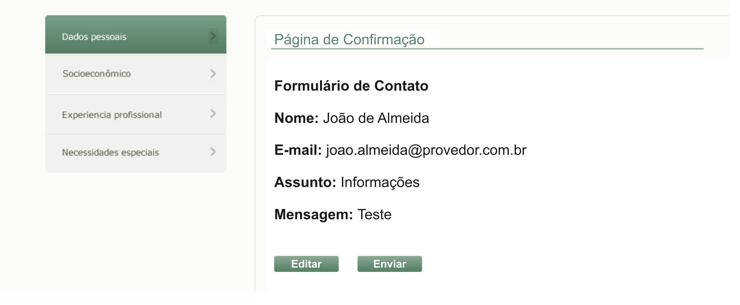 tela de confirmação dos dados, com botões editar e enviar