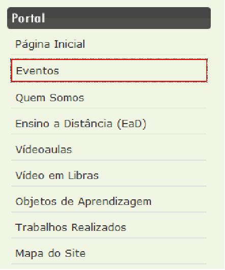 Lista com itens de menu, com um dos itens recebendo o foco do teclado claramente demarcado com uma borda vermelha.