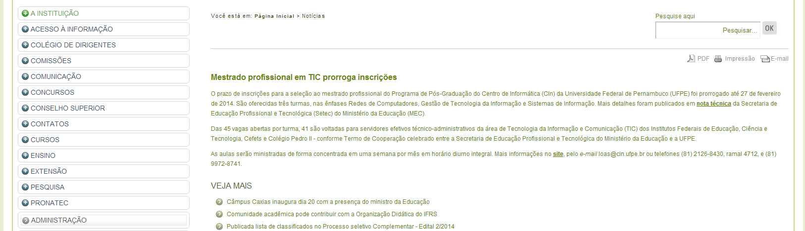 Página de um site contendo menu e conteúdo em sua visualização padrão.