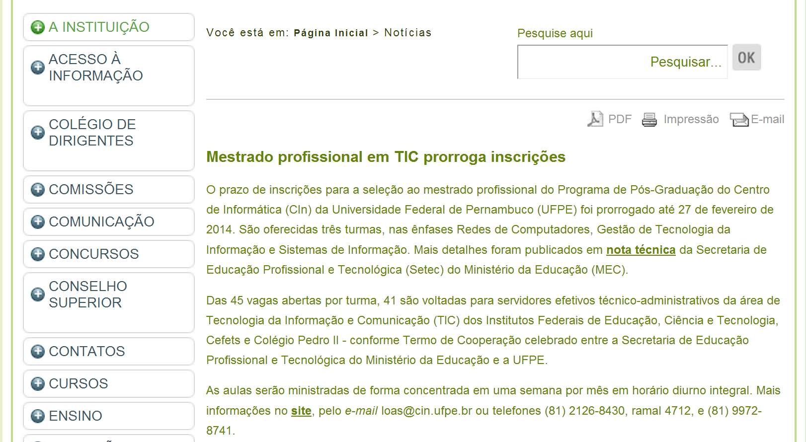Página de um site contendo menu e conteúdo redimensionados em 200% sem perda de funcionalidade.