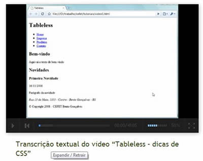 Página com a alternativa textual do vídeo Tableless - dicas de CSS