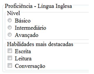 Questões: 1. Proficiência em Língua Inglesa (Opções de nível: Básico, Intermediário ou avançado?) 2. Habilidades mais destacadas (Opções: Escrita, Leitura e Conversação)